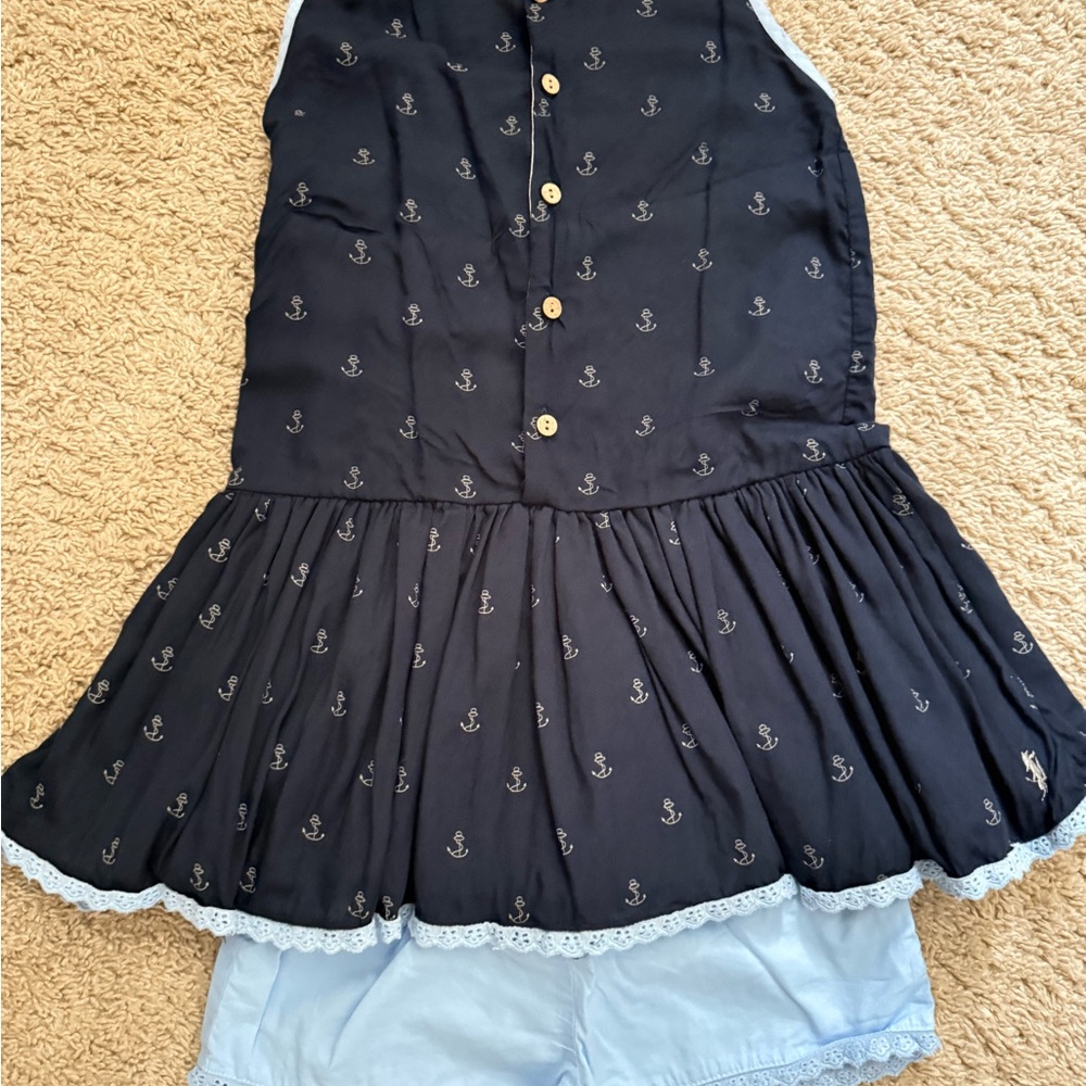 Navy Blue Anchor Print Kids Dress with Light Blue Shorts
